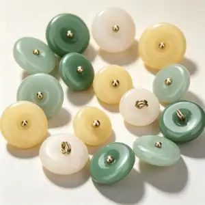 Faux jade glass buttons in green, sage, cream and butter yellow with gold-tone shanks