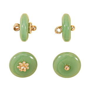 Green faux jade glass button showing the smooth porcelain-like disc and gold-tone shank back, traditional shank button for cheongsam and blouses