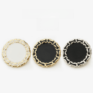 Gold-tone and silver-tone chain edge buttons with a braided rim and black and cream enamel centers, sew-on metal buttons for cardigans and coats