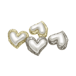 Vintage heart pearl shank buttons with engraved metal rim in gold and silver, 23mm pearl buttons for clothing and DIY sewing