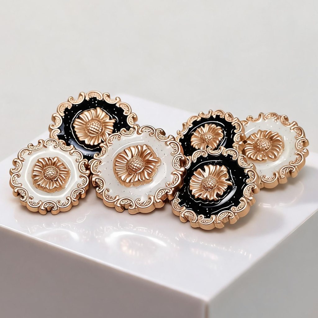 Metal sunflower buttons in black and white enamel with a gold-tone sculpted sunflower and ornate vintage frame, shank back, for coats and DIY sewing
