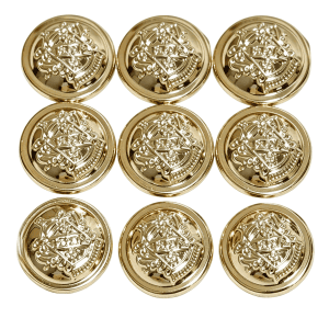 Gold blazer buttons with a raised heraldic crest and beaded rim, a set of lightweight gold-tone sew-on buttons for blazers, coats and cardigans
