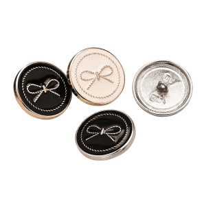 Bow enamel buttons with metal frame, round bow-knot shank buttons in white and black enamel with gold and silver frames for coats, jackets and clothing