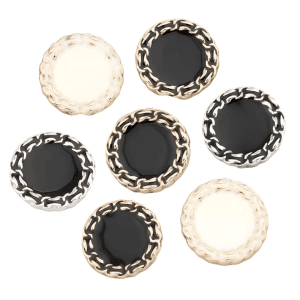Chain edge buttons with a braided metal rim and glossy enamel center in gold and silver with black and cream centers, sew-on metal buttons for blazers and cardigans