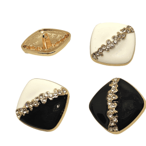 Black and cream square rhinestone enamel buttons with faceted rhinestones in a metal frame