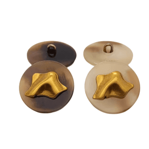 Gold metal buttons in coffee and beige with a sculpted gold centerpiece on a translucent resin base and shank back, metal buttons for coats and DIY sewing