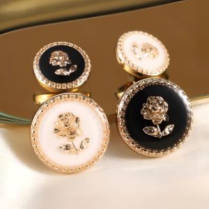 Rose enamel metal buttons with gold rose relief and beaded rim, black and white alloy buttons for coats, cardigans and crafts
