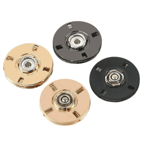 Gold, silver, gunmetal and black metal snap buttons with decorative domed tops and sew-on stitching holes, press stud fasteners for coats, cardigans and jackets