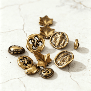 Antique bronze buttons, assorted vintage metal sew-on buttons in maple leaf, heart and round shapes