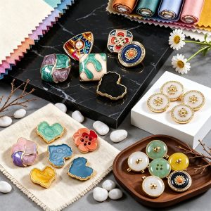 A collection of buttons in different types and materials including metal, resin, glass and faux pearl, for sewing and DIY craft projects