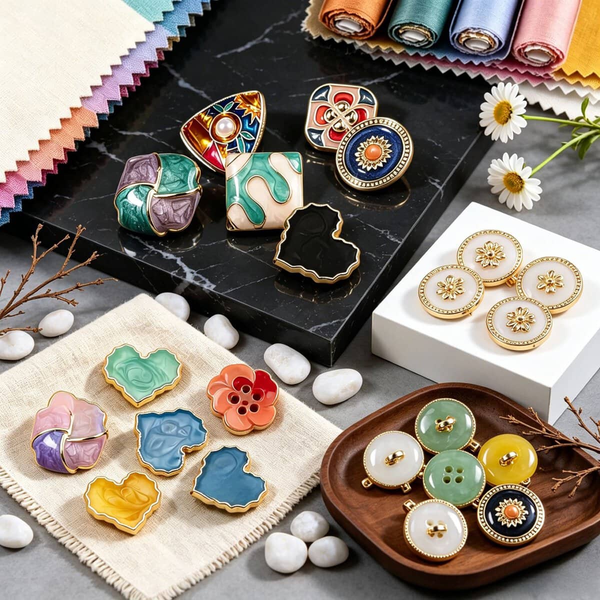 A collection of buttons in different types and materials including metal, resin, glass and faux pearl, for sewing and DIY craft projects