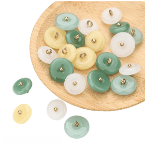 Faux jade glass buttons in emerald, pale green and beeswax yellow arranged together, jewel-like disc buttons for hanfu, tang suits and DIY sewing