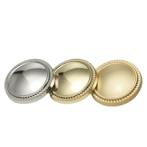 Coin buttons with a smooth domed face and beaded metal edge in gold, matte gold and silver tones, shank buttons for coats and blazers