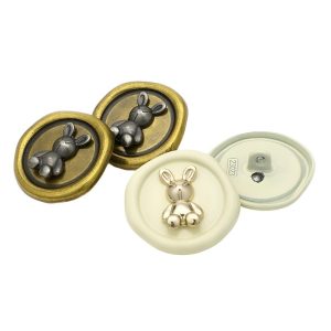 Vintage rabbit buttons in antique gold-tone and ivory with a silver-tone 3D rabbit on a wax-seal base, shank buttons for coats and DIY sewing
