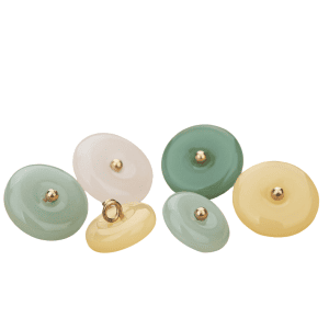 Faux jade glass buttons in emerald green, pale green and yellow tones with a gold-tone shank, flat disc buttons for cheongsam and cardigans