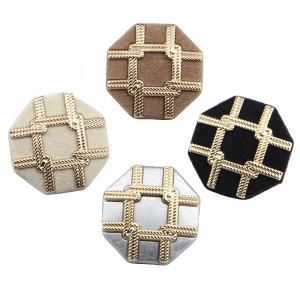 Flocked tweed buttons with a velvet surface and raised gold metal rope lattice in vintage silver, beige grey, black and coffee, octagon sew-on buttons for coats and cardigans