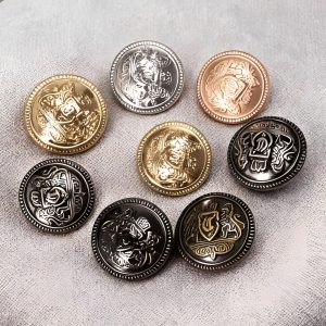 Assorted lion crest buttons in gold, sand gold, silver and bronze with a heraldic emblem and beaded rim, sew-on metal buttons for blazers, cardigans and DIY sewing