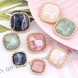 Marble resin buttons with gold twisted rope trim, square vintage buttons in white, black, green and pink for coats, cardigans and clothing