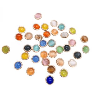 Assorted cat eye glass stone buttons with gold-tone rims in 14 colors including a multicolor mix, decorative shank buttons for knitwear and crafts