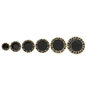 Chain edge buttons with a braided rim and black enamel center in several sizes, sew-on metal buttons for blazers, coats and DIY sewing