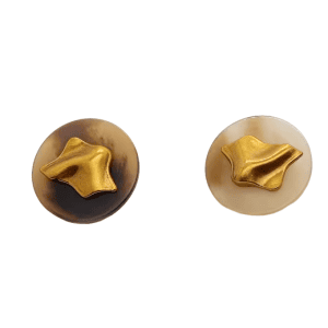 Gold metal buttons with a sculpted gold-tone centerpiece on a coffee and beige resin base, shank buttons for coats and cardigans