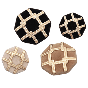 Black and coffee flocked tweed buttons with a velvet surface and raised gold rope lattice in several sizes, octagon sew-on buttons for coats, blazers and DIY sewing