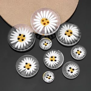 Small daisy resin buttons with white petals and yellow center in clear base, 2-hole sewing buttons in multiple sizes for clothing and DIY crafts