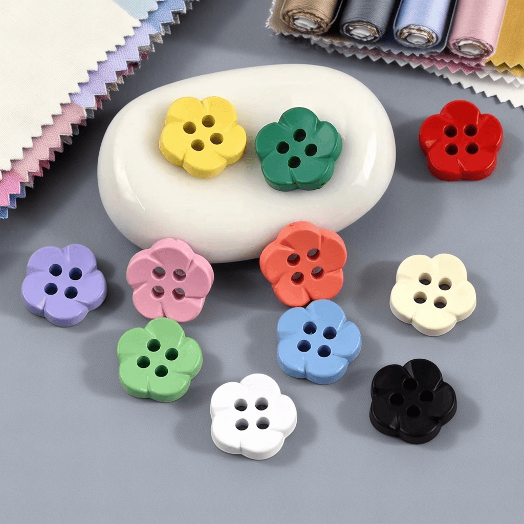 Colorful flower shaped buttons in purple, blue, green, pink, yellow and red, glossy 4-hole resin buttons for coats, knitwear, kids clothing and DIY sewing