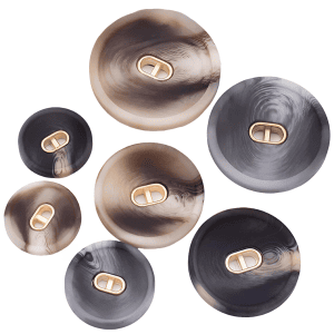 Patterned resin buttons with gold metal center, marbled round buttons in gray, black and beige for coats, cardigans and clothing