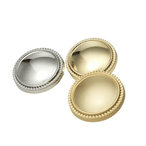Gold, matte gold and bright silver domed coin buttons with smooth raised centers and beaded metal edges, shank-back metal buttons for coats and blazers