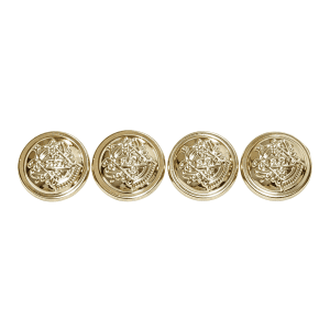 Gold blazer buttons with a raised heraldic crest and beaded rim, four lightweight gold-tone sew-on buttons for blazers, coats and cardigans
