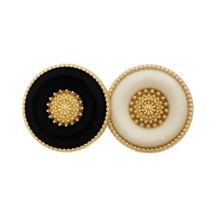 Vintage flocked buttons in white and black with a velvet-look face, gold-tone beaded ring and medallion, shank buttons for coats and DIY sewing