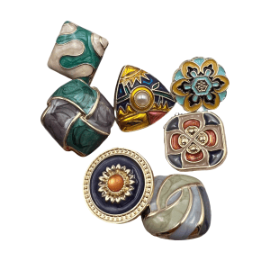 Enamel rhinestone buttons in seven assorted designs, colorful enamel buttons with faceted rhinestone accents