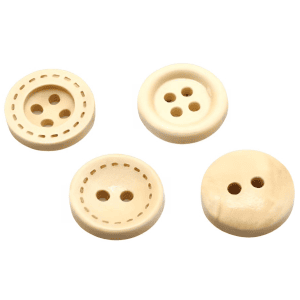 Close-up of natural wooden buttons with a printed dashed stitch detail and a two-hole and four-hole design, round wood buttons for sewing, knitting and crafts