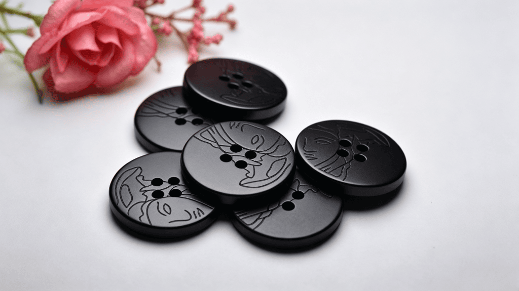 Lady face pattern buttons in matte black resin with an engraved lady-face design, round four-hole sewing buttons for coats, cardigans and DIY sewing