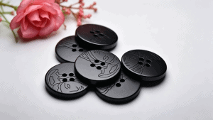 Lady face pattern buttons in matte black resin with an engraved lady-face design, round four-hole sewing buttons for coats, cardigans and DIY sewing