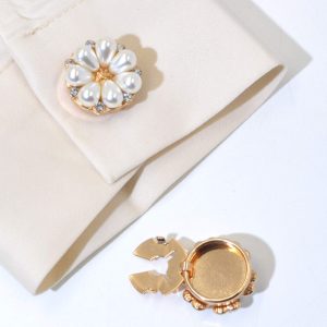 Gold-tone pearl flower cufflink cover with rhinestones, snap-on