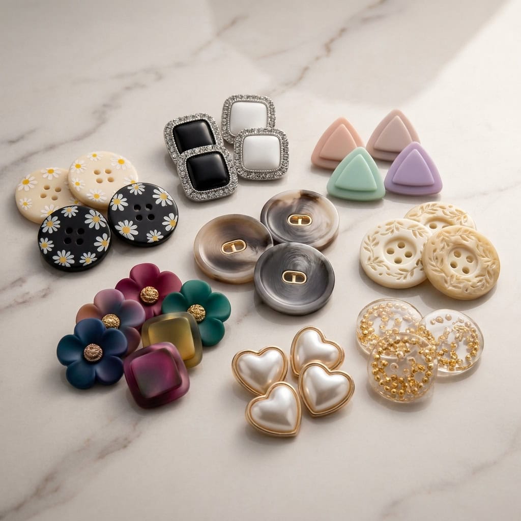 Resin buttons in many styles including daisy, marble-look, carved leaf, heart and flower shapes
