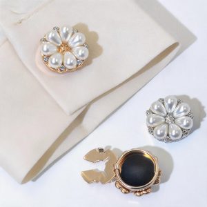 Pearl flower cufflink covers with rhinestones in gold-tone and silver-tone, snap-on, sold as a pair