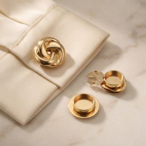 Gold knot cufflink cover on a shirt cuff for a cufflink look