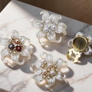 Large pearl flower button covers with frosted petals, faux pearls and rhinestones in gold, silver and multicolor, snap-on no-sew covers by Shancco