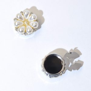 Silver-tone pearl flower cufflink cover with rhinestones, snap-on