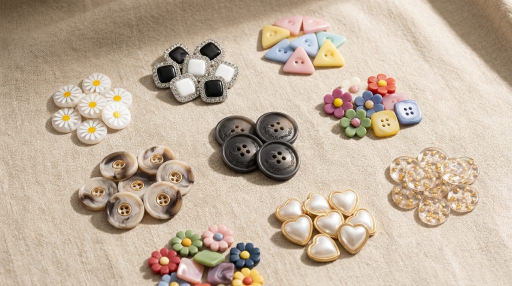 Resin buttons grouped by style on natural linen fabric, ready for sewing and DIY craft projects