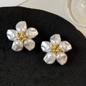 Pair of faux pearl flower button covers with a gold-tone rhinestone center