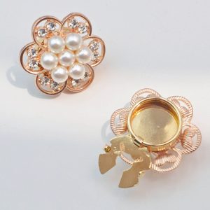 Front of the rhinestone button cover showing the faux pearl flower center and rhinestone petals