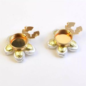 Back of the pearl flower button cover showing the snap-on clip, no sewing needed