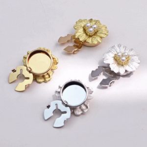 Vintage metal flower button covers with a faux pearl center in gold-tone and silver-tone, snap-on, sold as a pair
