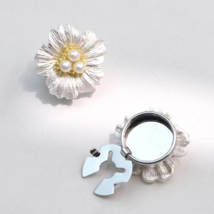 Silver-tone vintage metal flower button cover with a faux pearl center, snap-on