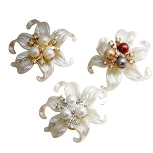 Pearl lily button covers with rhinestones in gold, silver and multicolor, snap-on, sold as a pair