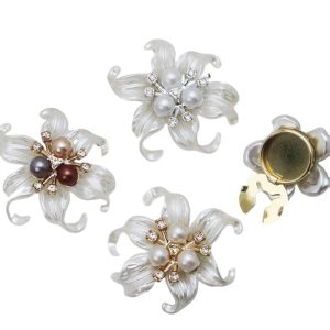 Multicolor faux pearl lily button cover with rhinestones, snap-on, sold as a pair